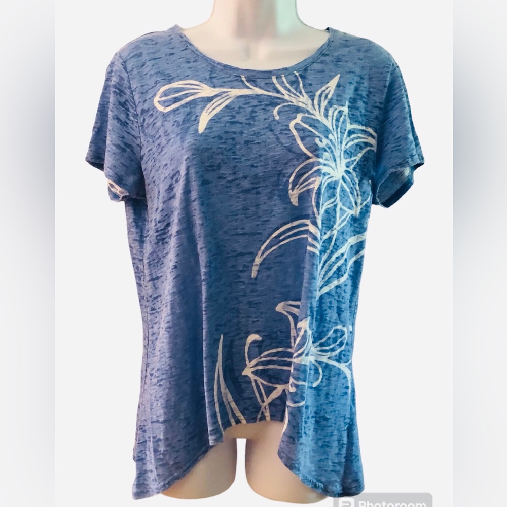 Caribbean Joe Tunic Top Lg Blue Sharkbite Hem Short Sleeve Casual Floral Design